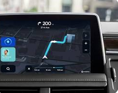A car dashboard showing a map with real-time traffic updates and other connected car features